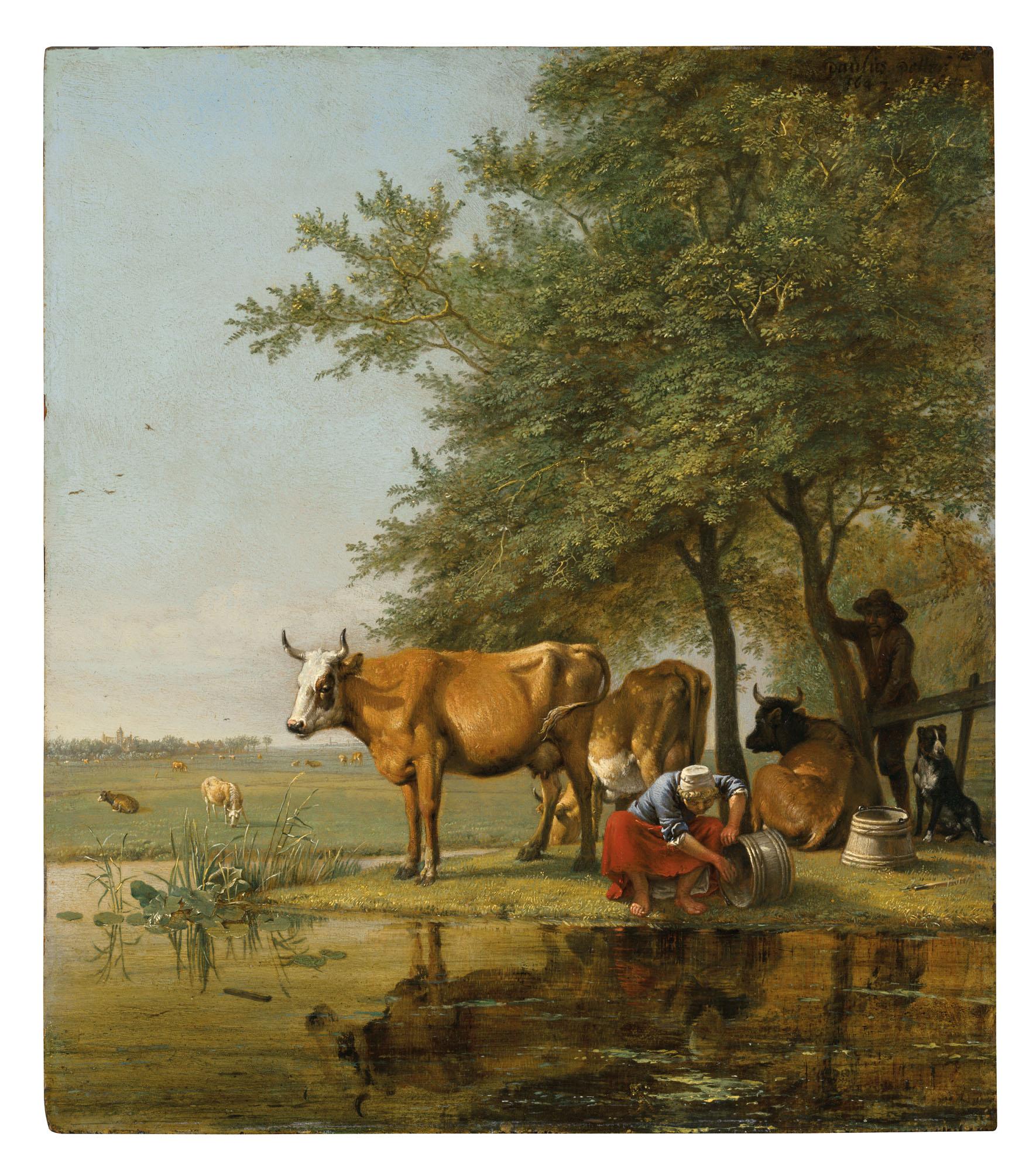 Paulus Potter - Landscape with cattle and a woman cleaning a bucket by a stream