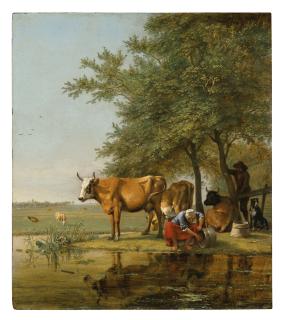 Paulus Potter - Landscape with cattle and a woman cleaning a bucket by a stream