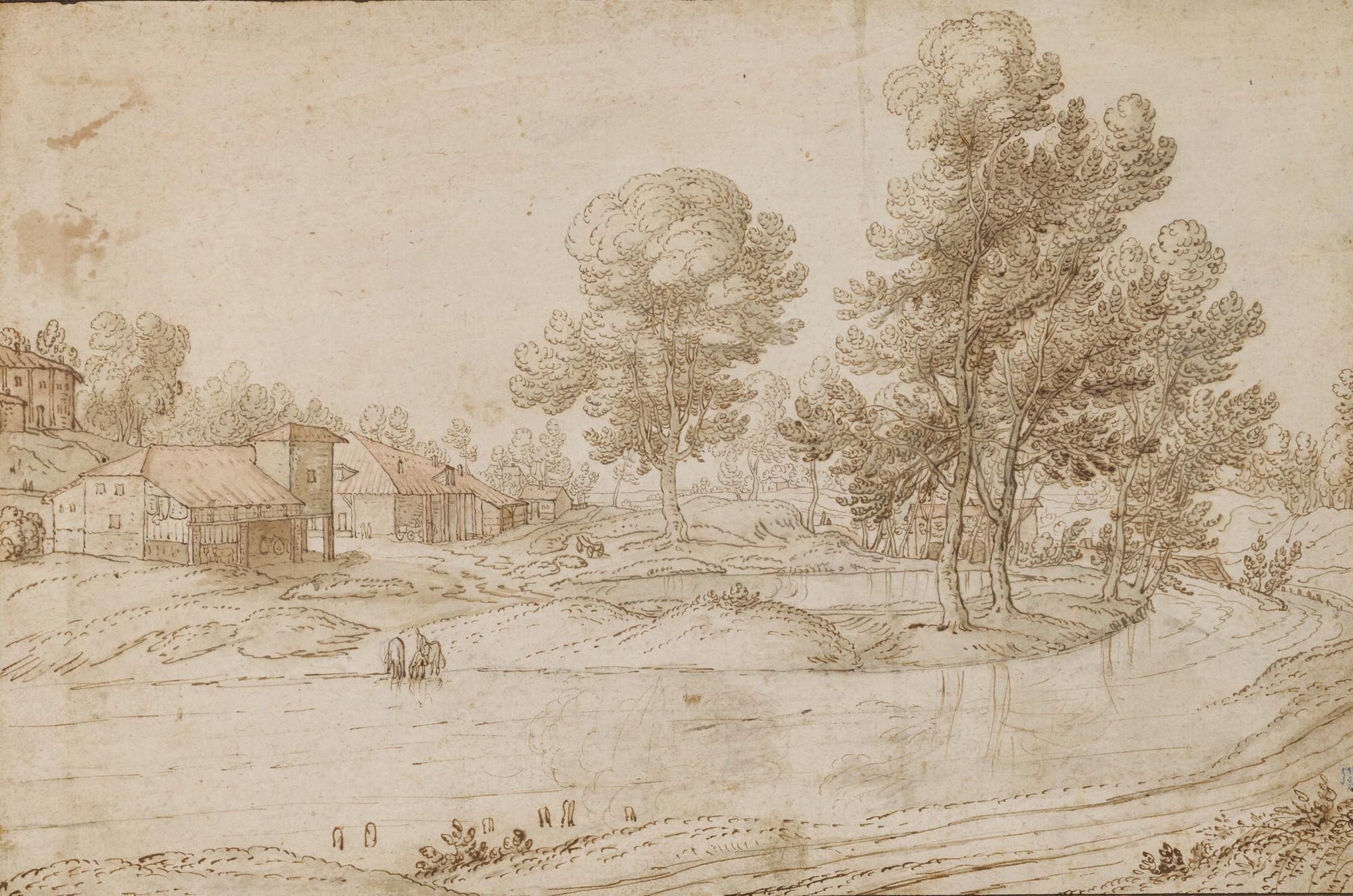 Paulus Van Hillegaert I - A Landscape with Houses on the Bank of a River