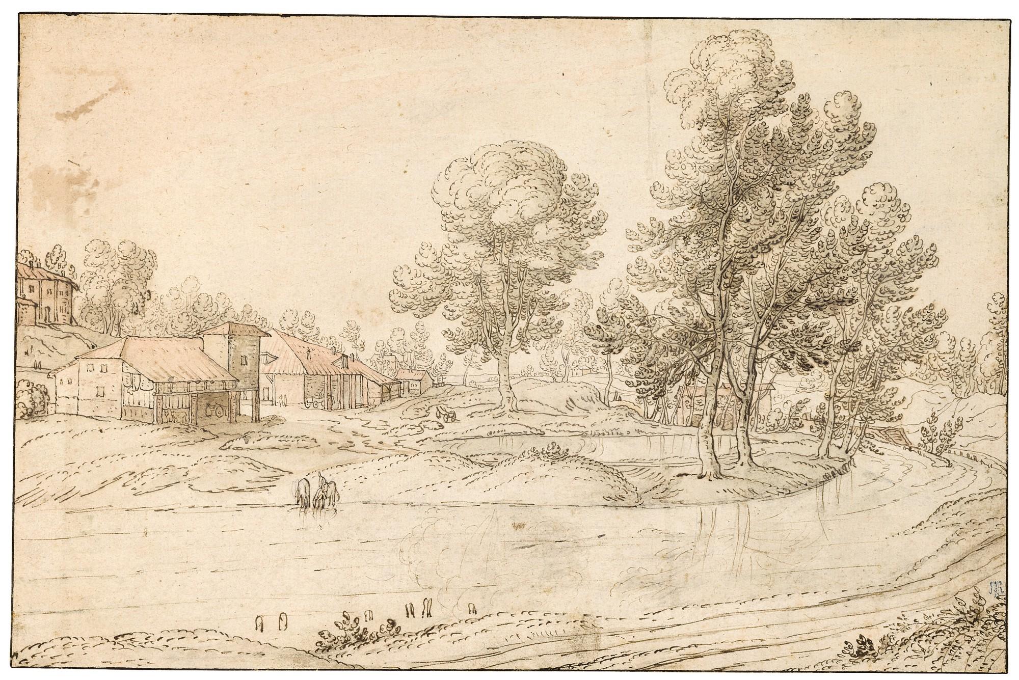 Paulus Van Hillegaert I - A Landscape with Houses on the Bank of a River