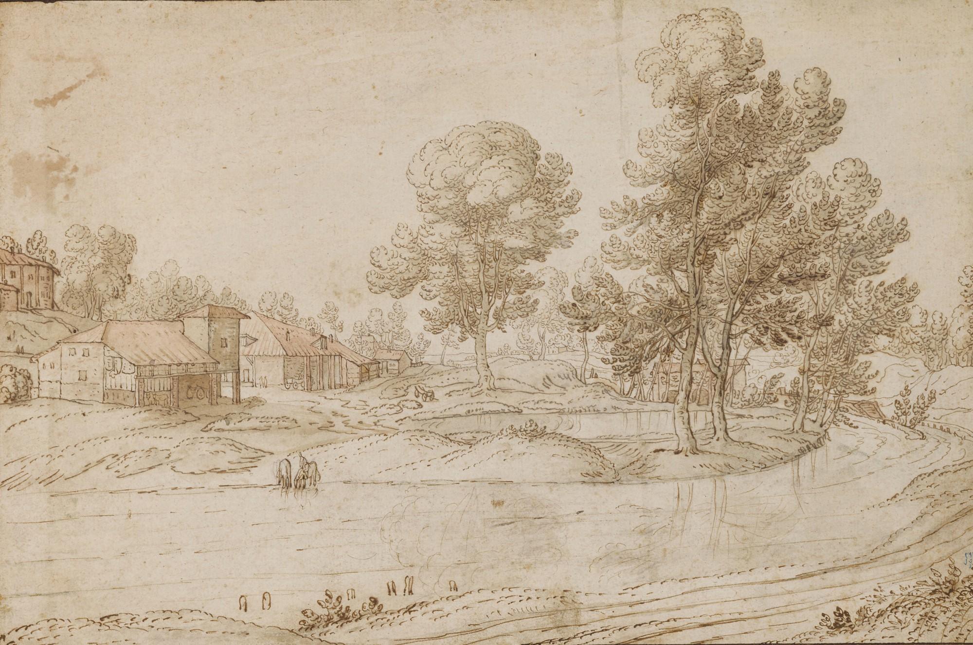 Paulus van Hillegaert I - A Landscape with Houses on the Bank of a River