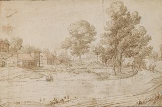 Paulus van Hillegaert I - A Landscape with Houses on the Bank of a River