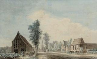 Paulus van Liender - A distant view of Amersfoort with tobacco plants by a drying shed, a church spire on the background