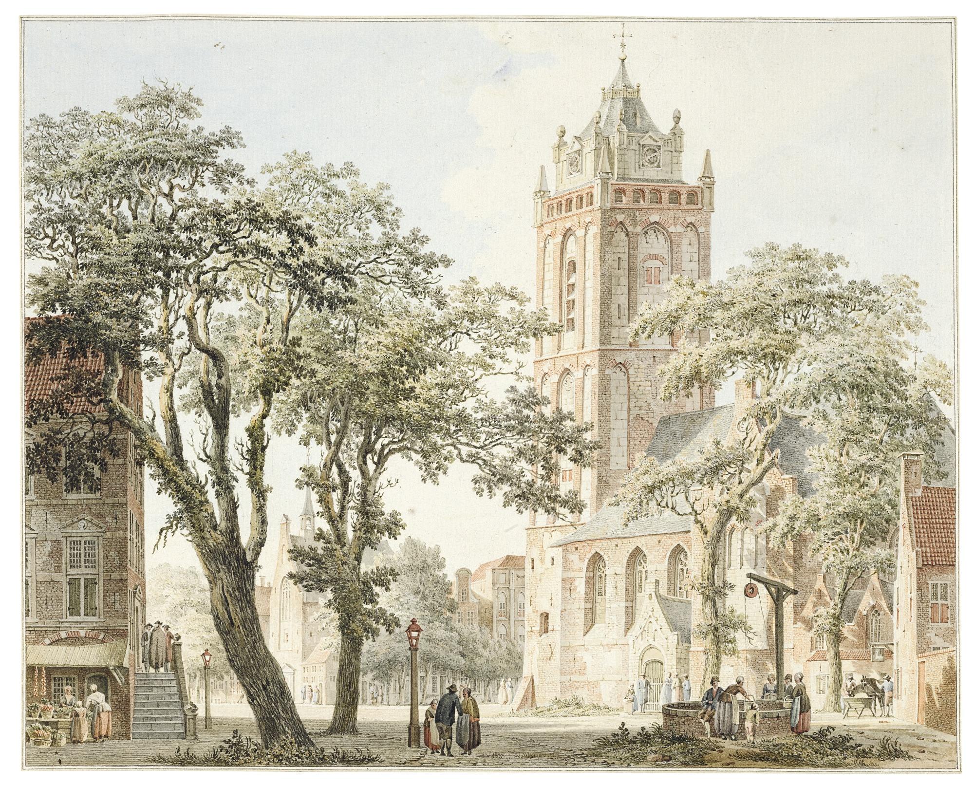 Paulus Van Liender - A View Of A Church By A Square With Figures Carrying Baskets