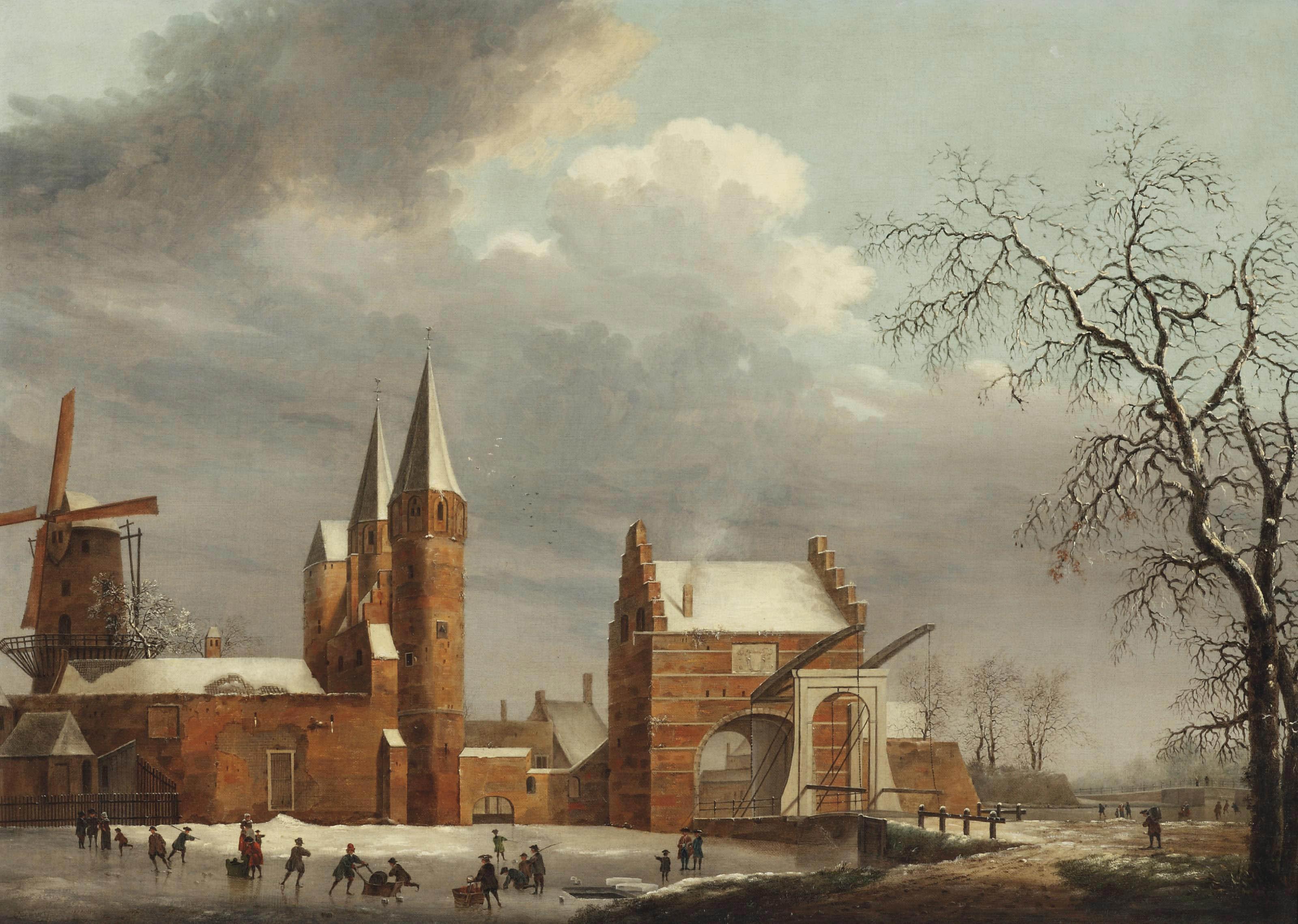 Paulus van Liender - A winter landscape with figures skating on ice in front of the Oostpoort, Delft