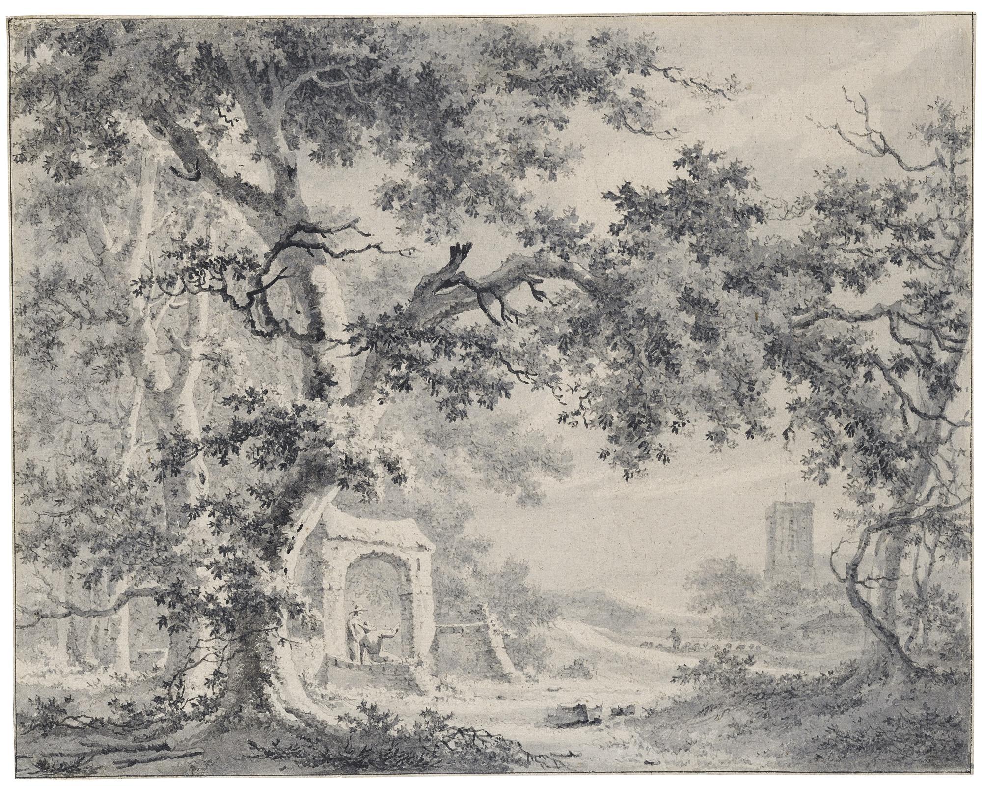 Paulus Van Liender - Wooded Landscape With Two Men By A Well