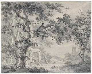 Paulus Van Liender - Wooded Landscape With Two Men By A Well