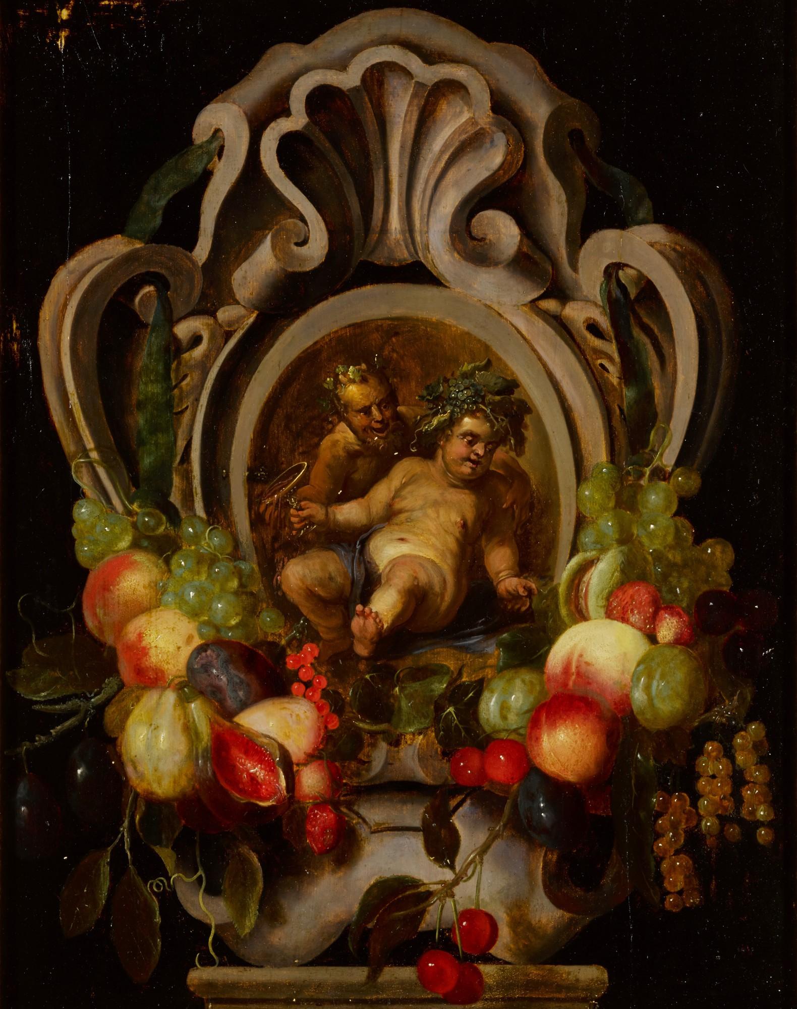 Pauwels Casteels - Satyr and Bacchus surrounded by a flower garland