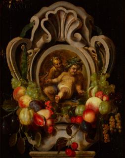 Pauwels Casteels - Satyr and Bacchus surrounded by a flower garland
