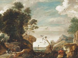 Pauwels Van Hillegaert - A wooded landscape with travellers on a path, a man catching birds, a town beyond