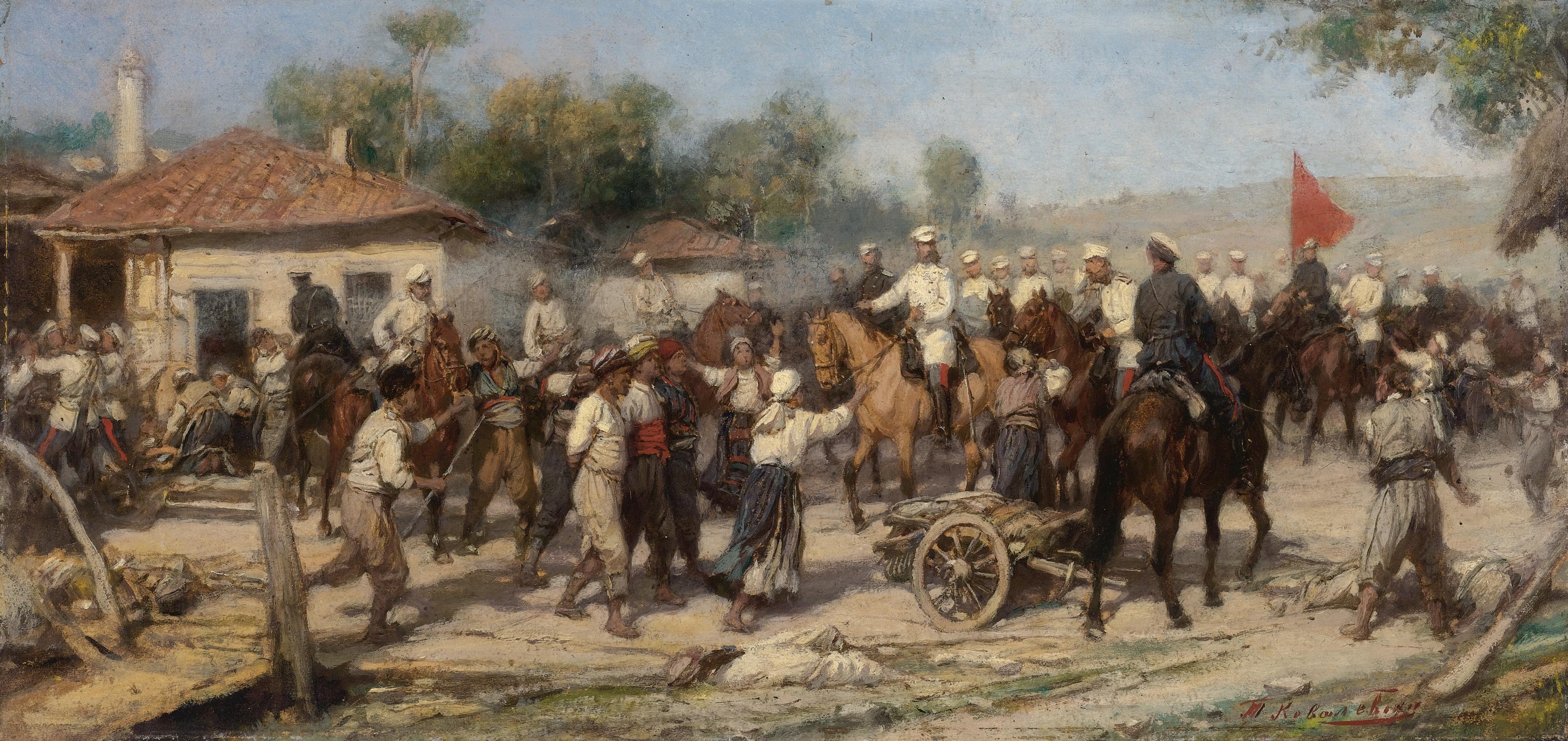 Pavel Osipovich Kovalevsky - An Episode From The 1877-78 War: Russian Troops Liberate A Balkan Village From The Turks