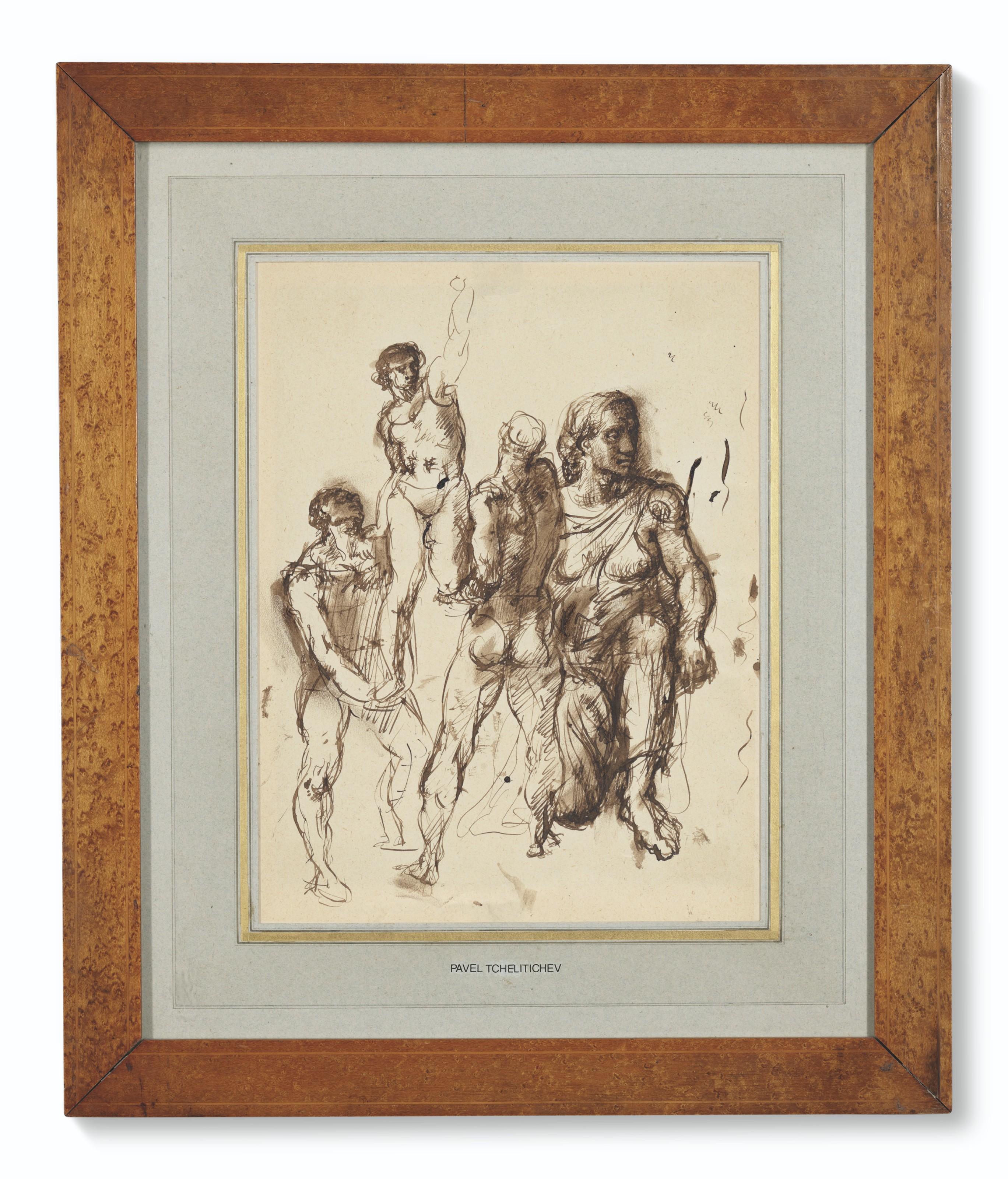 Pavel Tchelichew - Study Of Three Male, And One Female Circus Performers, After A Sheet By Michaelangelo Buonarroti (1475-1564), Deux Hommes Nus En Portant Un Troisième