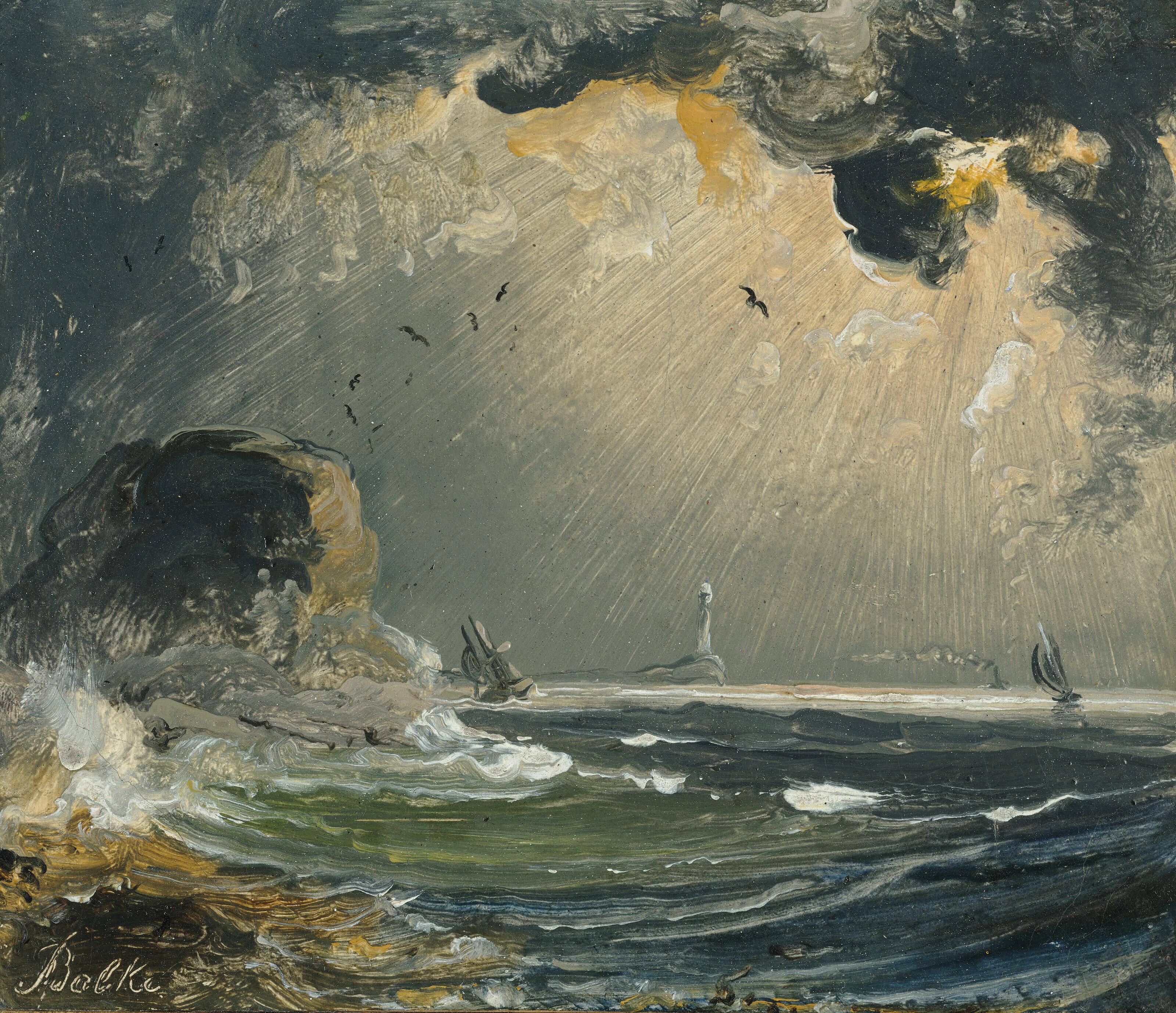 Peder Balke - Ships at sea with a lighthouse on the horizon