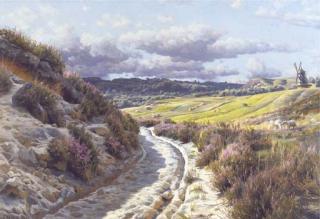 Peder Mønsted - A Country Road in an Extensive Landscape with a Windmill beyond