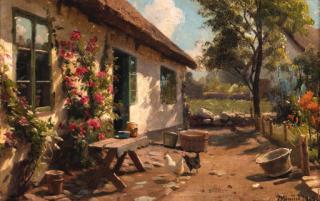 Peder Mønsted - Chickens before a cottage