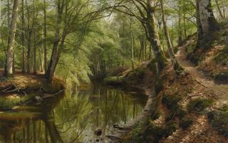 Peder Mønsted - Danish A Brook Flowing Through A Spring Wood 