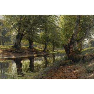 Peder Mønsted - Danish A Stream Through The Glen, Deer In The Distance