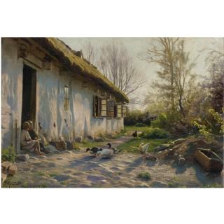 Peder Mønsted - Danish Children Feeding Ducks At Sunrise