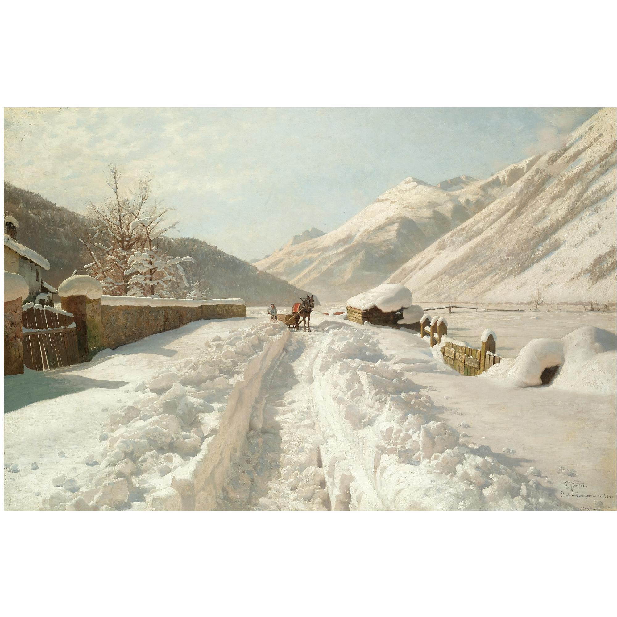 Peder Mønsted - Danish Vinterdag Ved Ponte-Campovasto, Schweiz (Winter In Ponte-Campovasto, Switzerland)