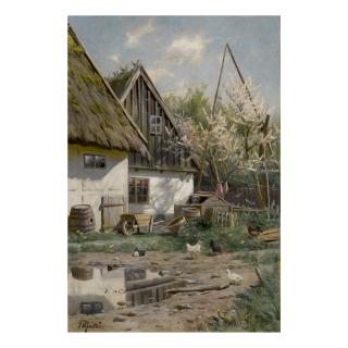 Peder Mønsted - Farmhouse With Chickens