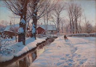 Peder Mork Mönsted - A winter landscape with children sledding