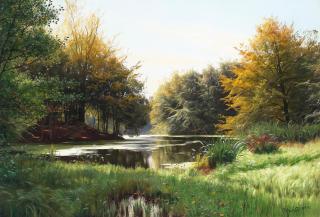 Peder Mørk Mønsted - A spring day in the forest with a stream 30 x 44in (76.2 x 111.8cm)