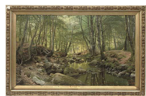 Peder Mork Mønsted - A stream in a tranquil wooded landscape
