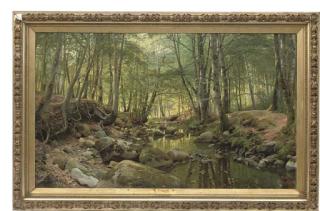 Peder Mork Mønsted - A stream in a tranquil wooded landscape