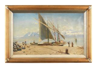 Peder Mørk Mønsted - Unloading stone from a barge at Ouchy, Lac Leman