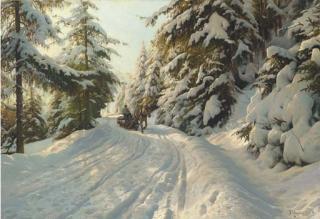 Peder Mork Monsted - Winter landscape with a timber sled