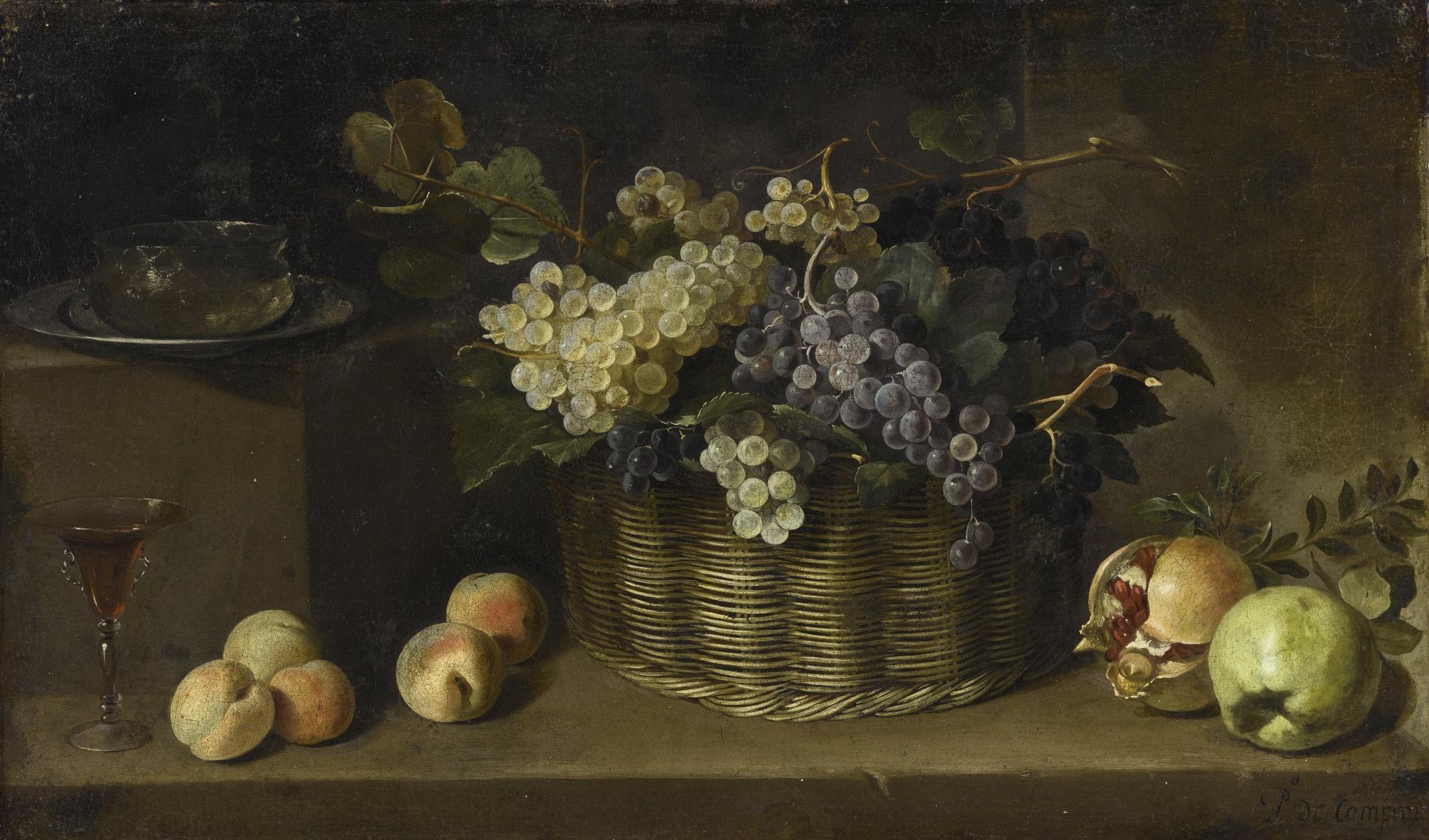 Pedro De Camprobín Y Passano - Still Life With A Basket Of Grapes, Peaches, An Apple, A Pomegranate, And Tableware