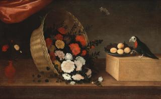 Pedro De Camprobin - A still life of a basket of flowers, a vase, a plate of fruit and a Parrot (possibly a Lovebird) perched on a box