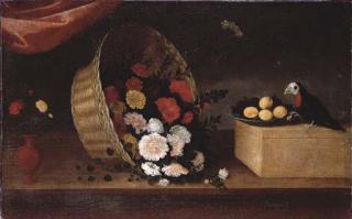 Pedro de Camprobín - Bodegón con jarrón, un cesto de flores, un plato con fruta y un loro