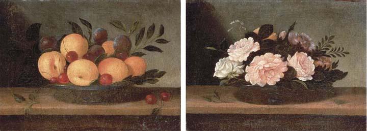 Pedro de Camprobín - Peaches, cherries and plums in a glass platter on a wooden ledge; and Peonies, roses and daisies in a glass bowl on a wooden ledge