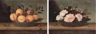 Pedro de Camprobín - Peaches, cherries and plums in a glass platter on a wooden ledge; and Peonies, roses and daisies in a glass bowl on a wooden ledge