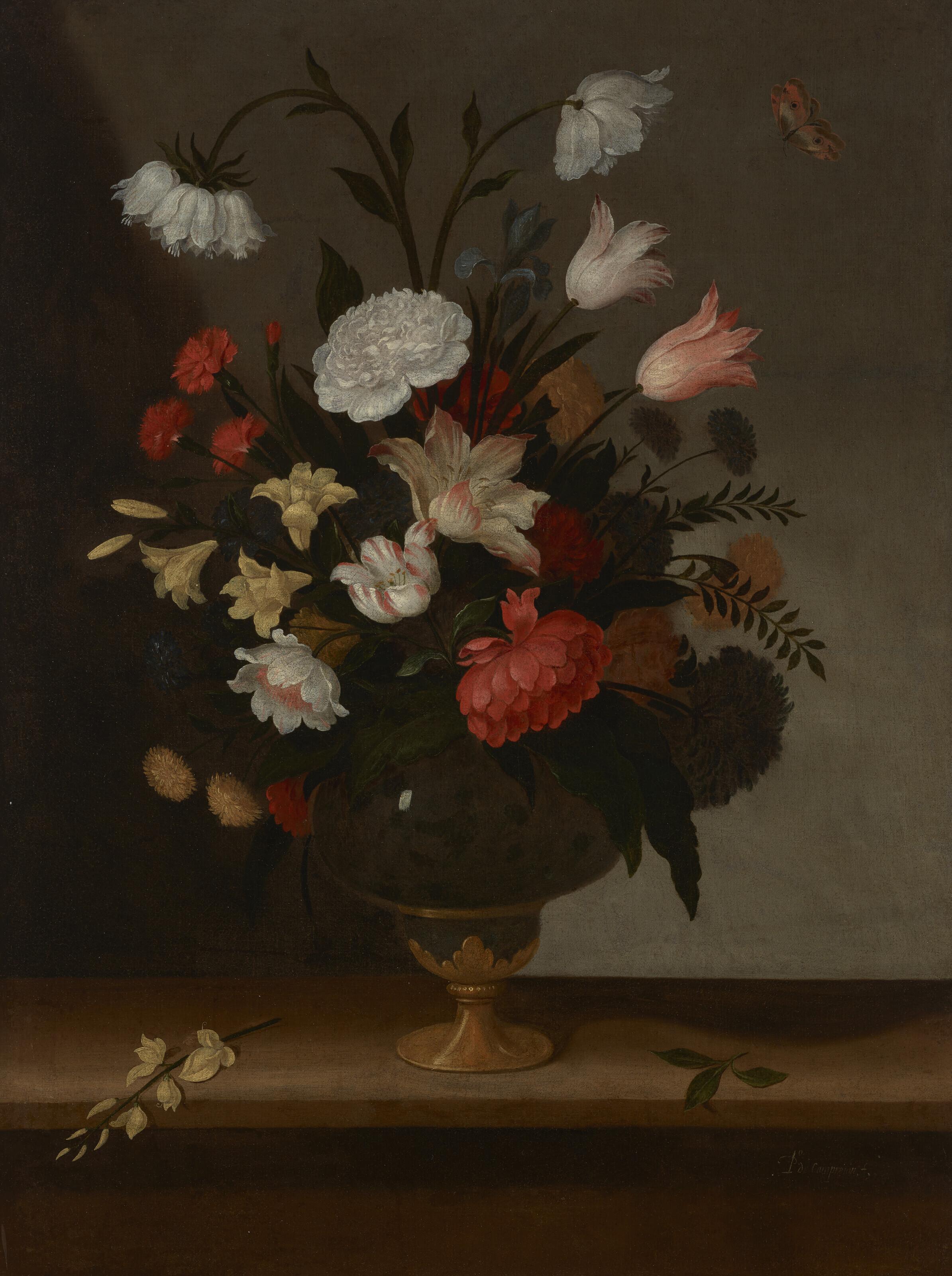 Pedro de Camprobín - Roses, carnations, a tulip and other flowers in a vase on a ledge