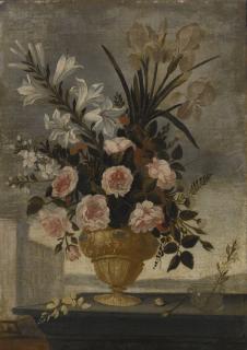 Pedro De Camprobín - Still Life Of Iris, Lilies, Roses And Carnations In Elaborate Urn, With A Blue And White Cup And A Small Glass Vase, Landscapes Beyond:  A Pair