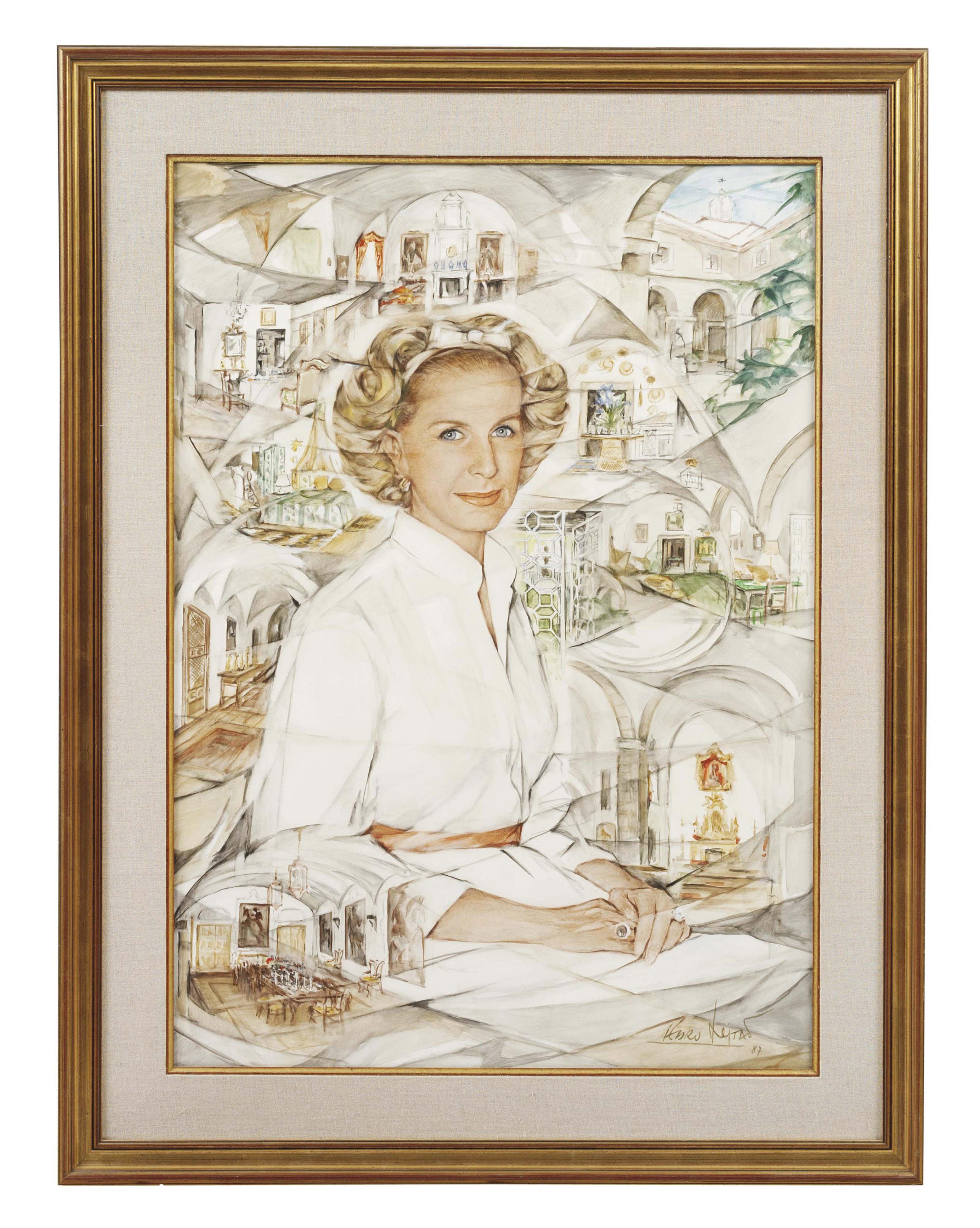 Pedro Leitao - Portrait Of Mrs. Marylou Whitney, Seated-Half-Length, Surrounded By Interiors Of The Palace Of The Chaves Mendoza, Trujillo