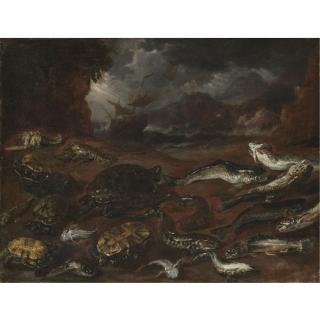 Peeter Boel - A Still Life Of Turtles, An Eel, Pike, Lobsters And Other Fish On The Shore, A Ship In Stormy Seas Beyond