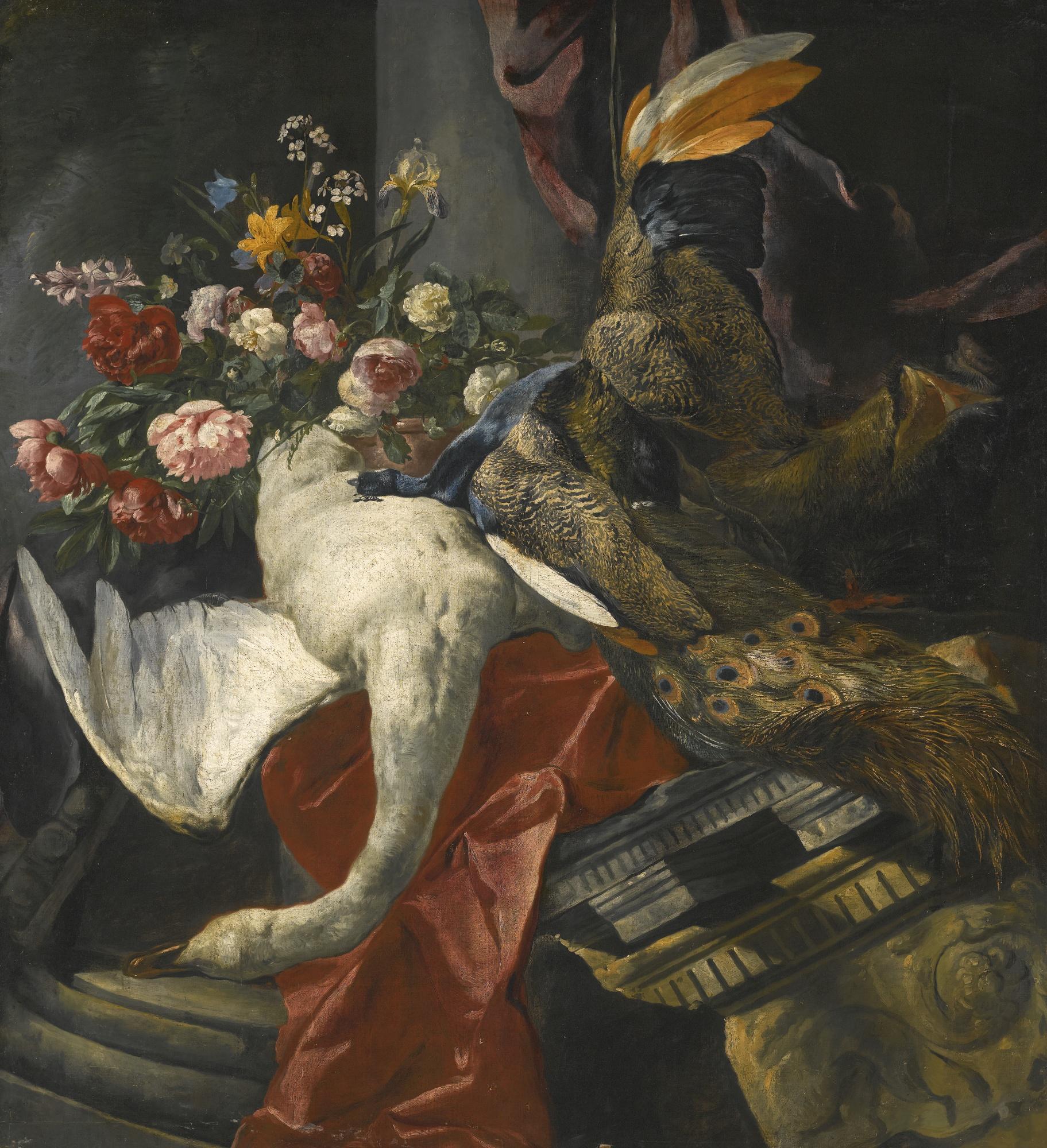 Peeter Boel - Still Life Of Peonies, Roses And Other Flowers In A Terracotta Vase, Together With A Swan, Peacock And Boar\'S Head, Resting On A Red Drape And An Antique Architectural Fragment