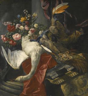 Peeter Boel - Still Life Of Peonies, Roses And Other Flowers In A Terracotta Vase, Together With A Swan, Peacock And Boar\'S Head, Resting On A Red Drape And An Antique Architectural Fragment