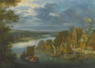 Peeter Gijsels - A Village By A River With A Sailing Boat; A Village By A River With Fishermen