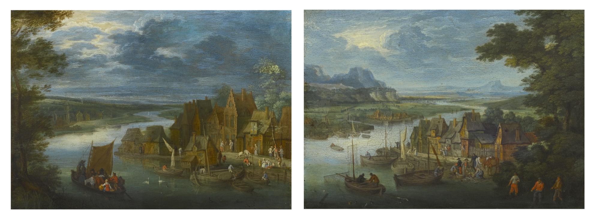 Peeter Gijsels - A Village By A River With A Sailing Boat; A Village By A River With Fishermen