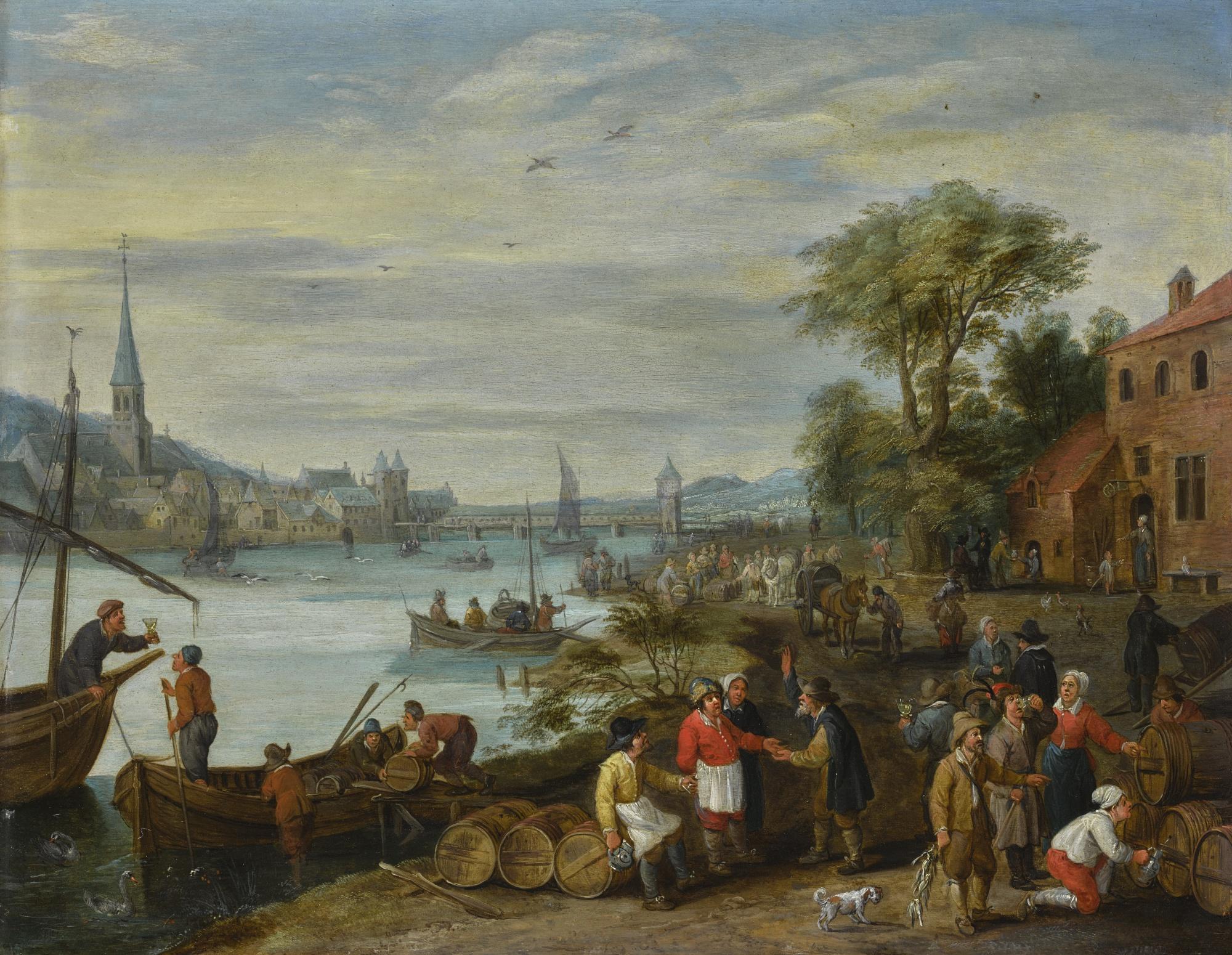 Peeter Gijsels - River Landscape With Figures Tasting And Trading Wine On The Bank