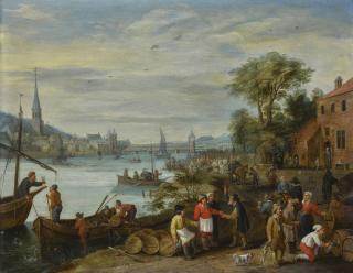 Peeter Gijsels - River Landscape With Figures Tasting And Trading Wine On The Bank