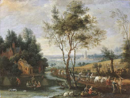 Peeter Gysels - Summer: a pastoral landscape with peasants at harvest and returning from market, a city in the distance