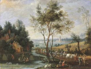 Peeter Gysels - Summer: a pastoral landscape with peasants at harvest and returning from market, a city in the distance