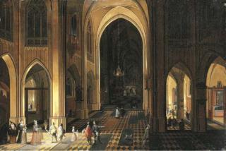 Peeter Neefs I - The interior of a Gothic church with figures at night