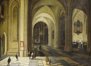 Peeter Neefs II - The interior of a church at night, with a baptism in a side chapel