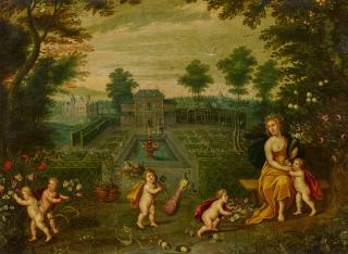 Peeter van Avont - Flora mit Putten in einer weiten Park- und Palastlandschaft